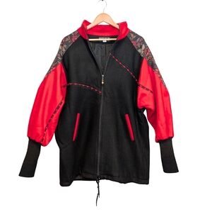 Vintage Women's Zip Up Jacket Wool Blend Black & Red Tapestry